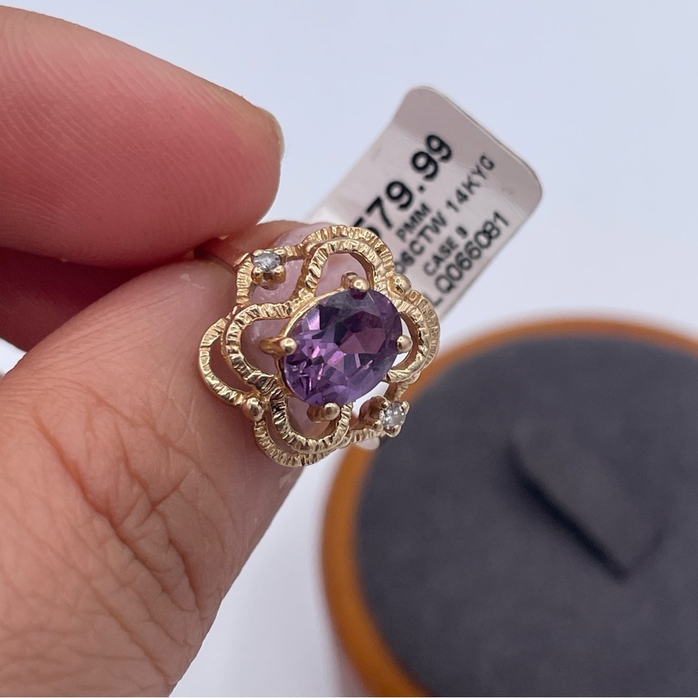 14K Gold Purple Sapphire and Diamond Accent Ring Modern Floral Solid Gold Size 6 - Picture 7 of 11